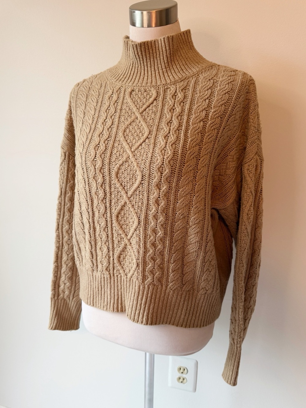 Banana Republic Tan Cable Knit Mock Turtleneck Fisherman Sweater, size Medium - Picture 2 of 16